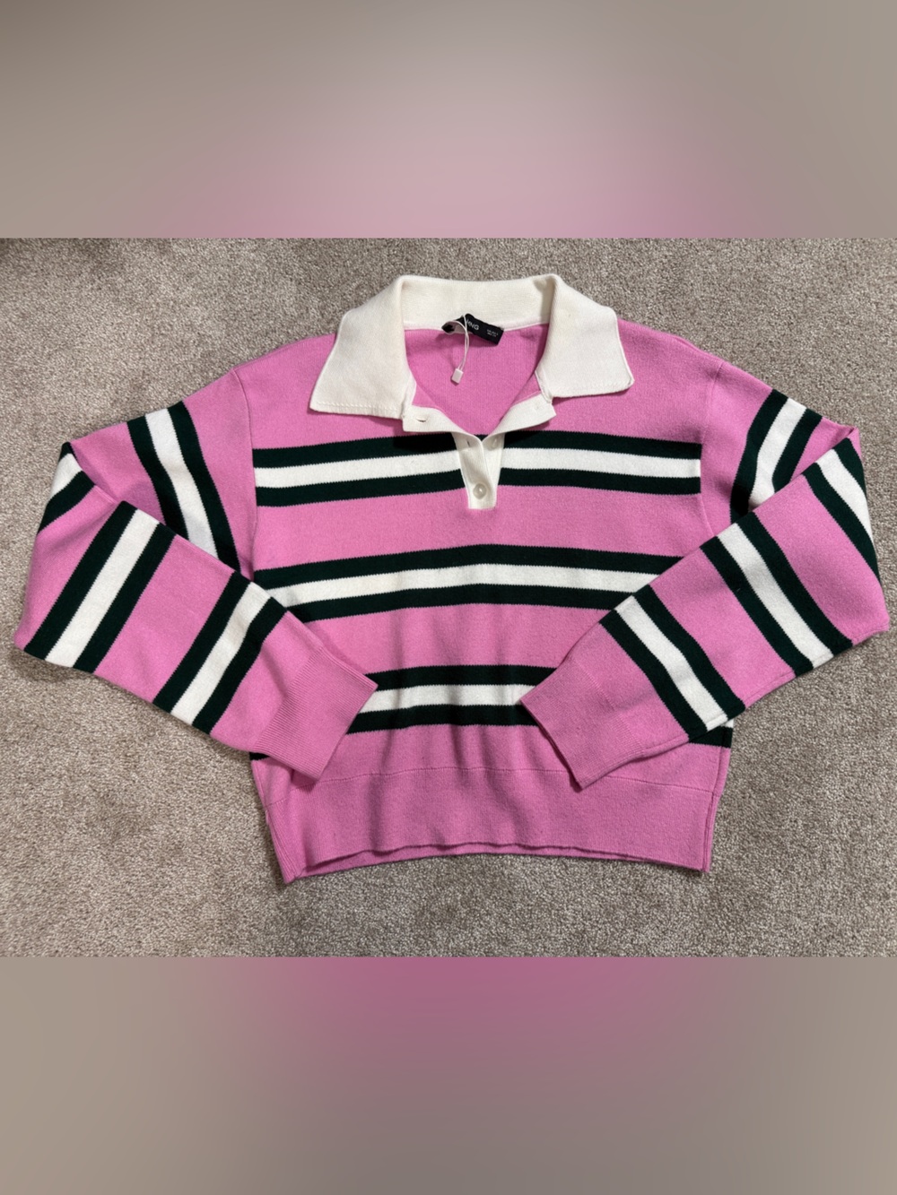 Mango Pink Green Striped Polo Collar Knit Sweater Top Small - Tennis Preppy - Picture 9 of 16